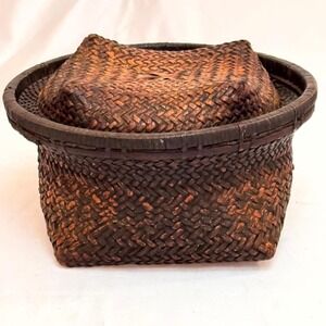 Vintage Southeast Asian Handwoven Basket – Smoke Patina, Herringbone Weave